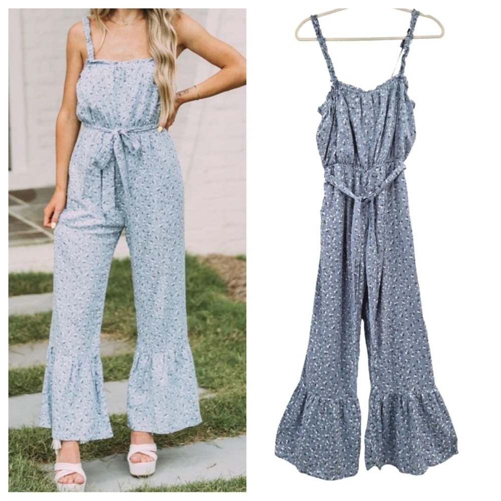 STORIA Blue Floral Ruffle Hem Jumpsuit Size Small NWT